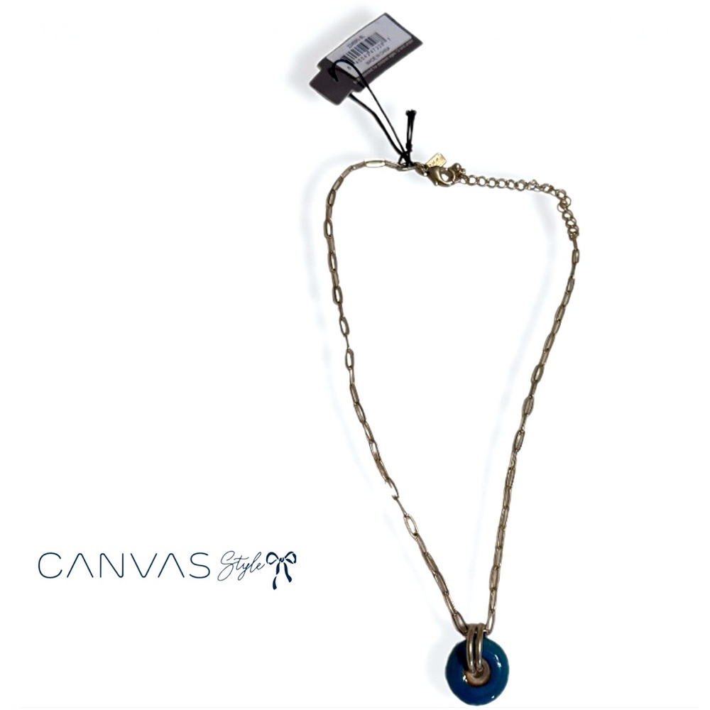 Canvas gold tone necklace with greenish blue glass pendant